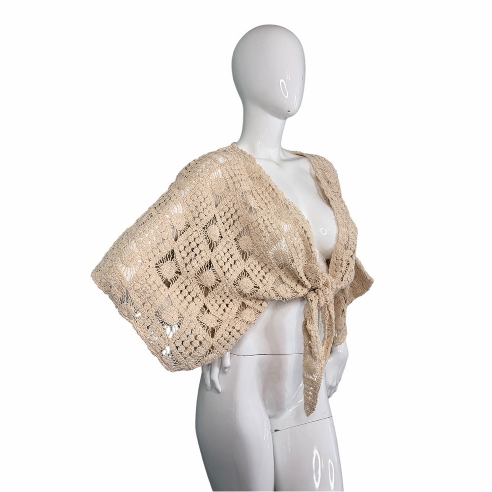C’ISA Boho Floral sunshine Crochet Tie-Front Crop Shrug Size M Knit Shrug Sz M - Picture 3 of 15